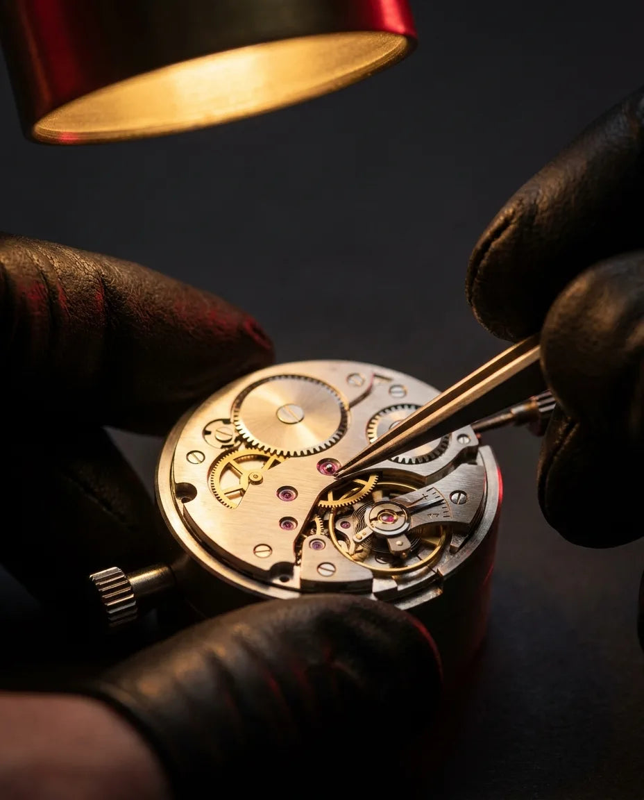 Watch movement being assembled by hand